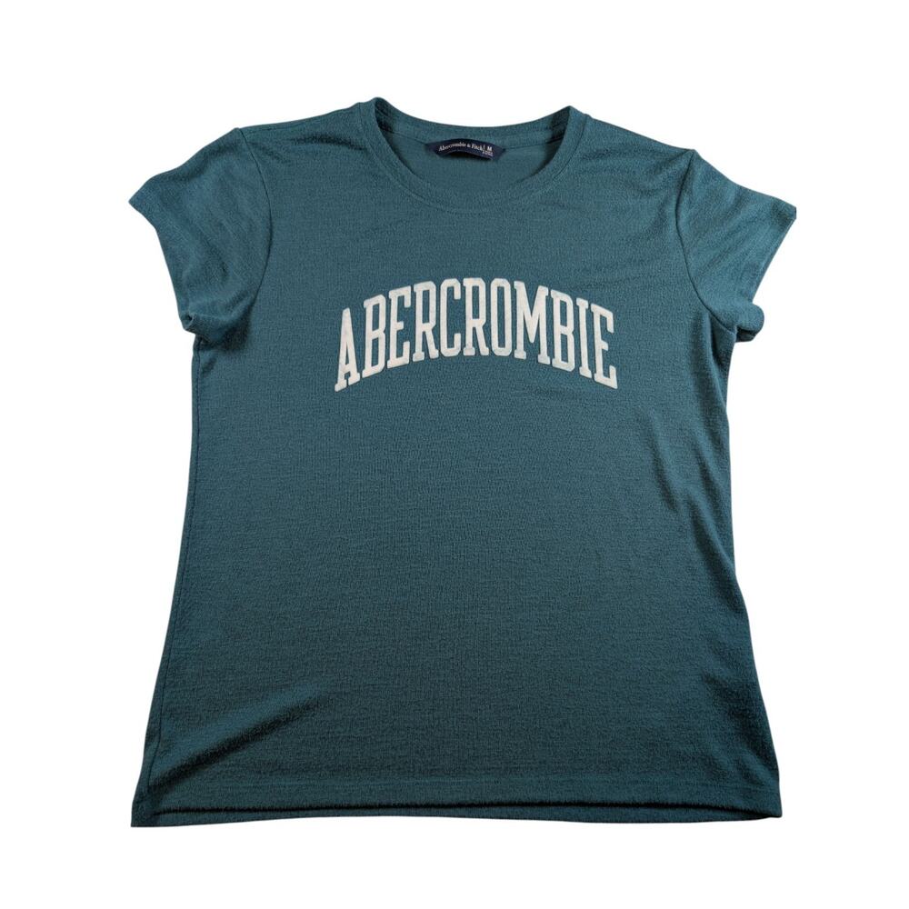 Abercrombie A&F Shirt Womens Sz Medium Stretch Short Sleeve Neck Logo Green Soft
